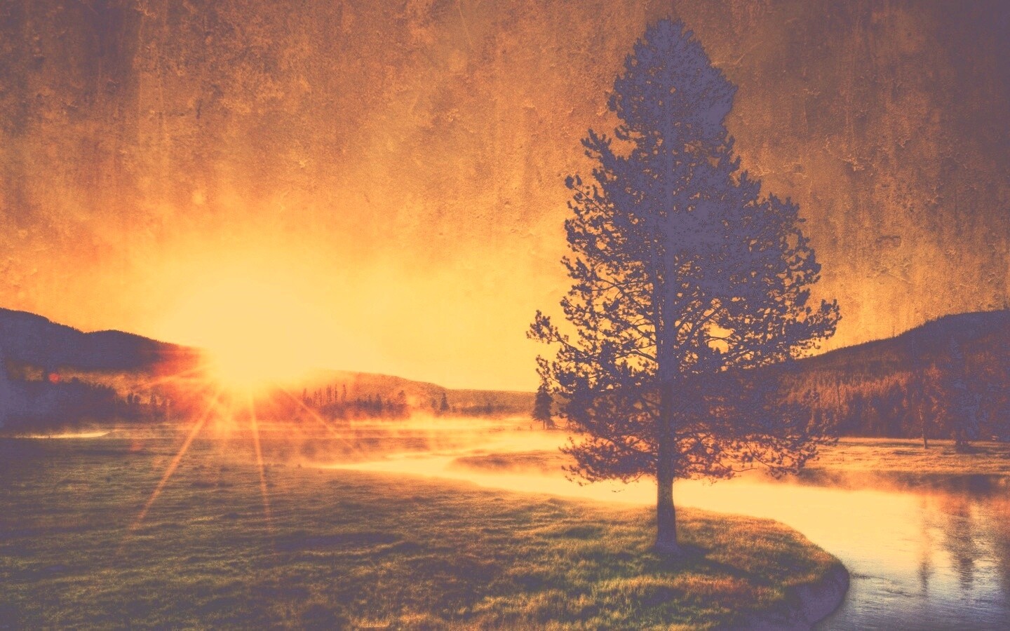 Закат за речкой обои