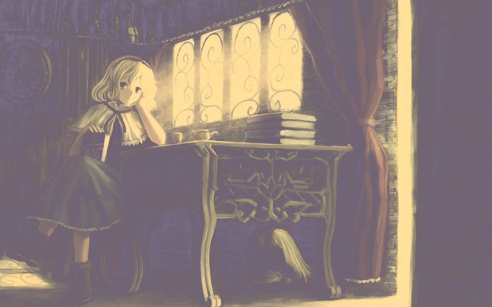 Девочка за столом с книгами обои