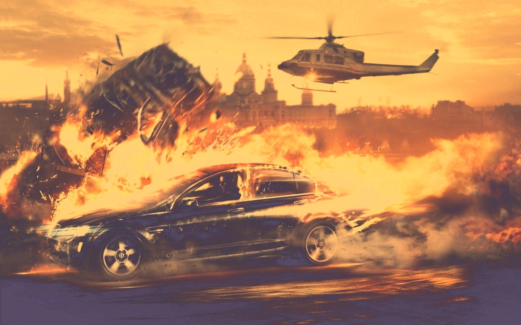 Погоня за горящей машиной обои