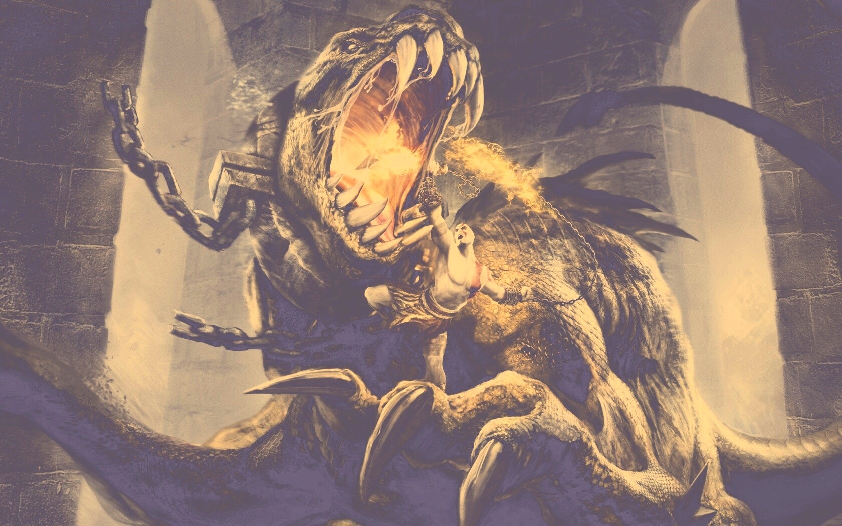 Кратос против динозавра обои