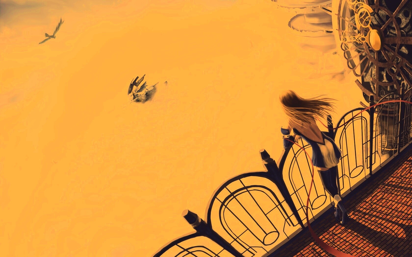 Девушка в городе над облаками обои