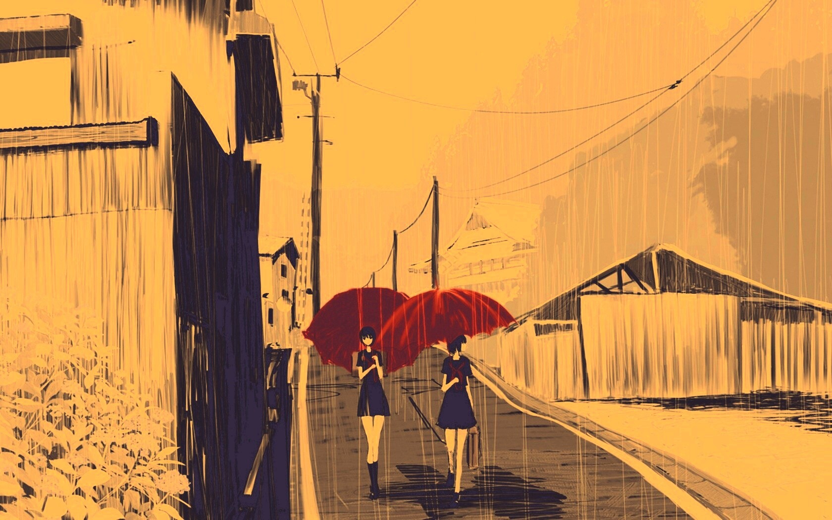 Девушки с красными зонтами обои