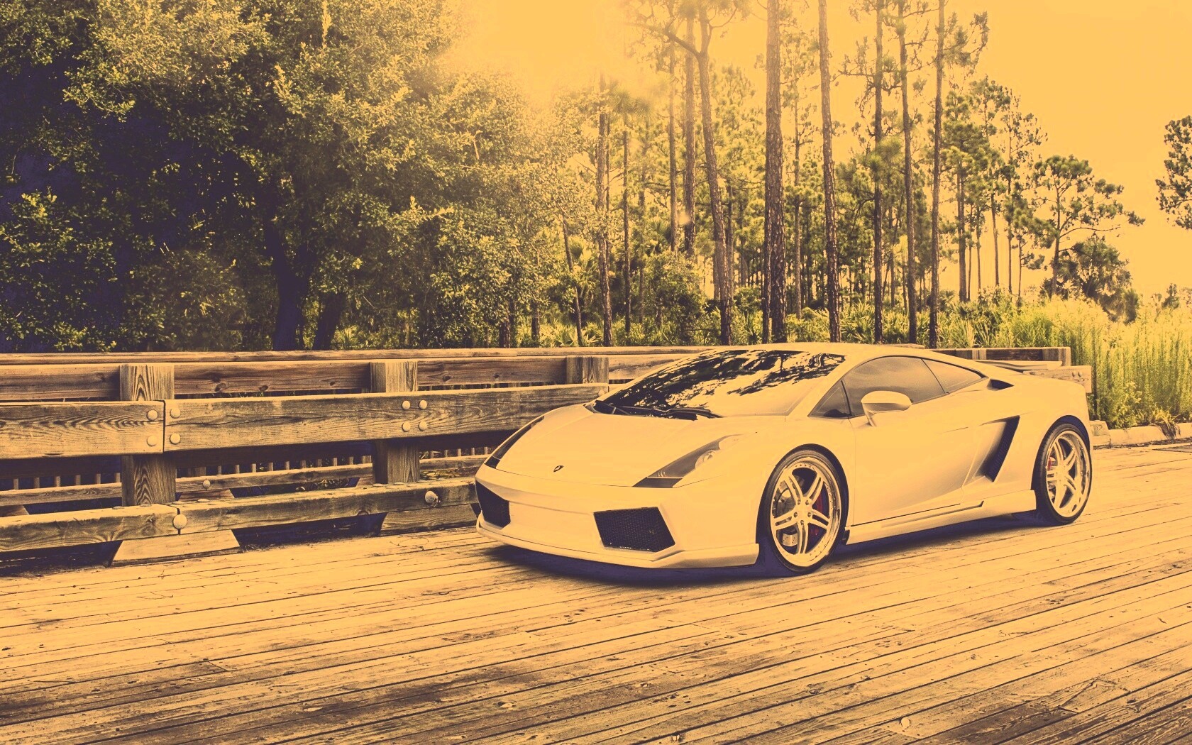 Ламбоджини на мосту в лесу обои