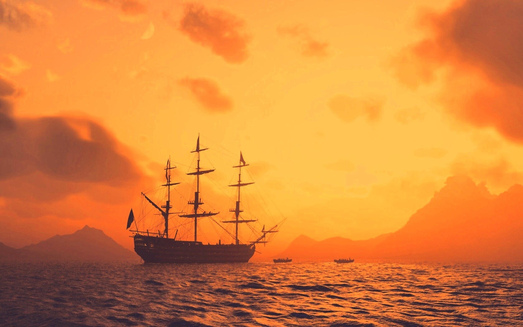 Трехпалубный парусный корабль на закате обои