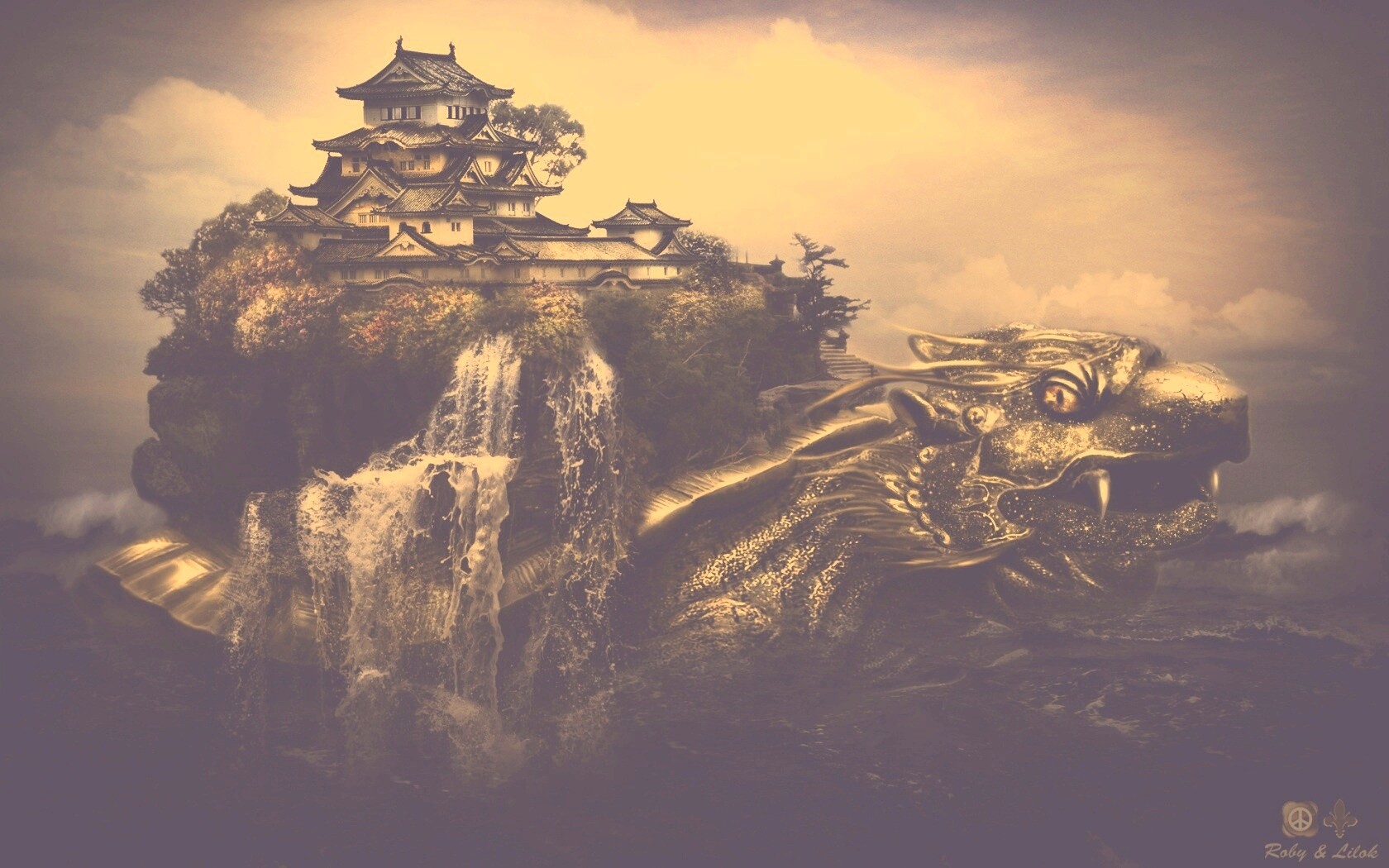 Золотая черепаха и китайская пагода в океане обои