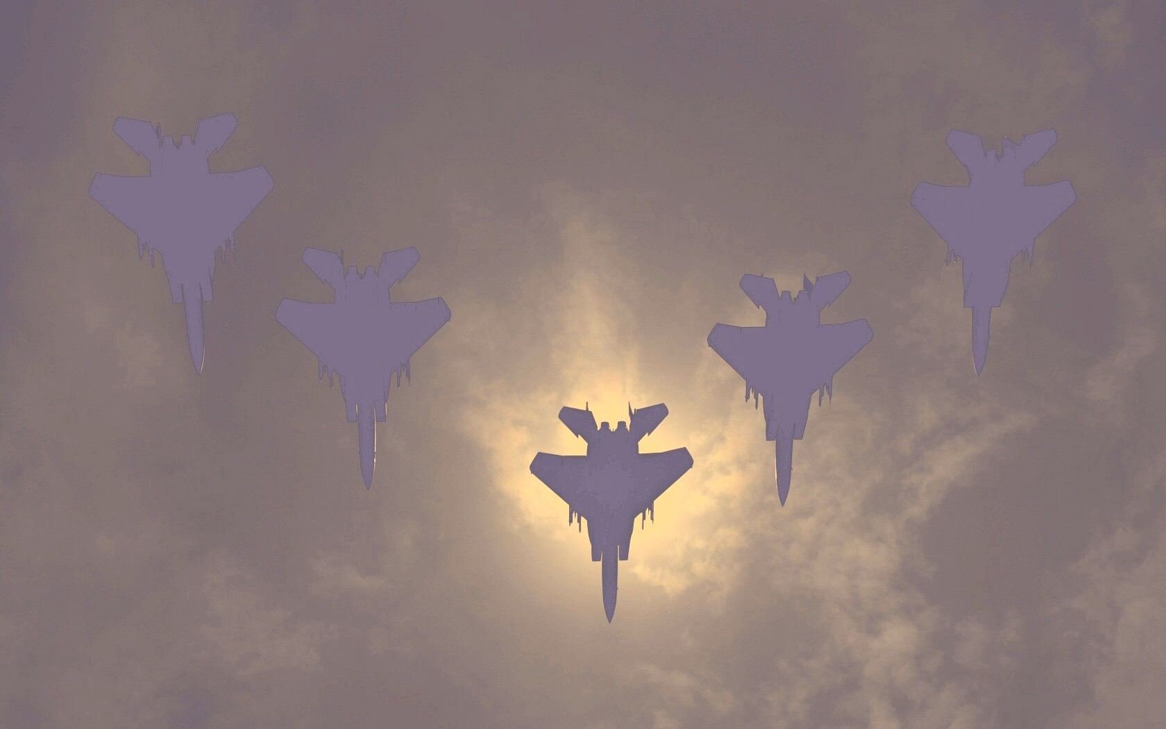 Ряд истрибителей на фоне солнца обои