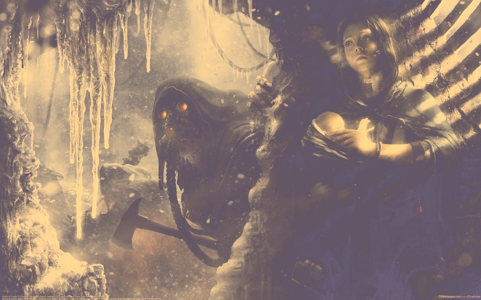 Девушка с ребенком прячется от монстра обои