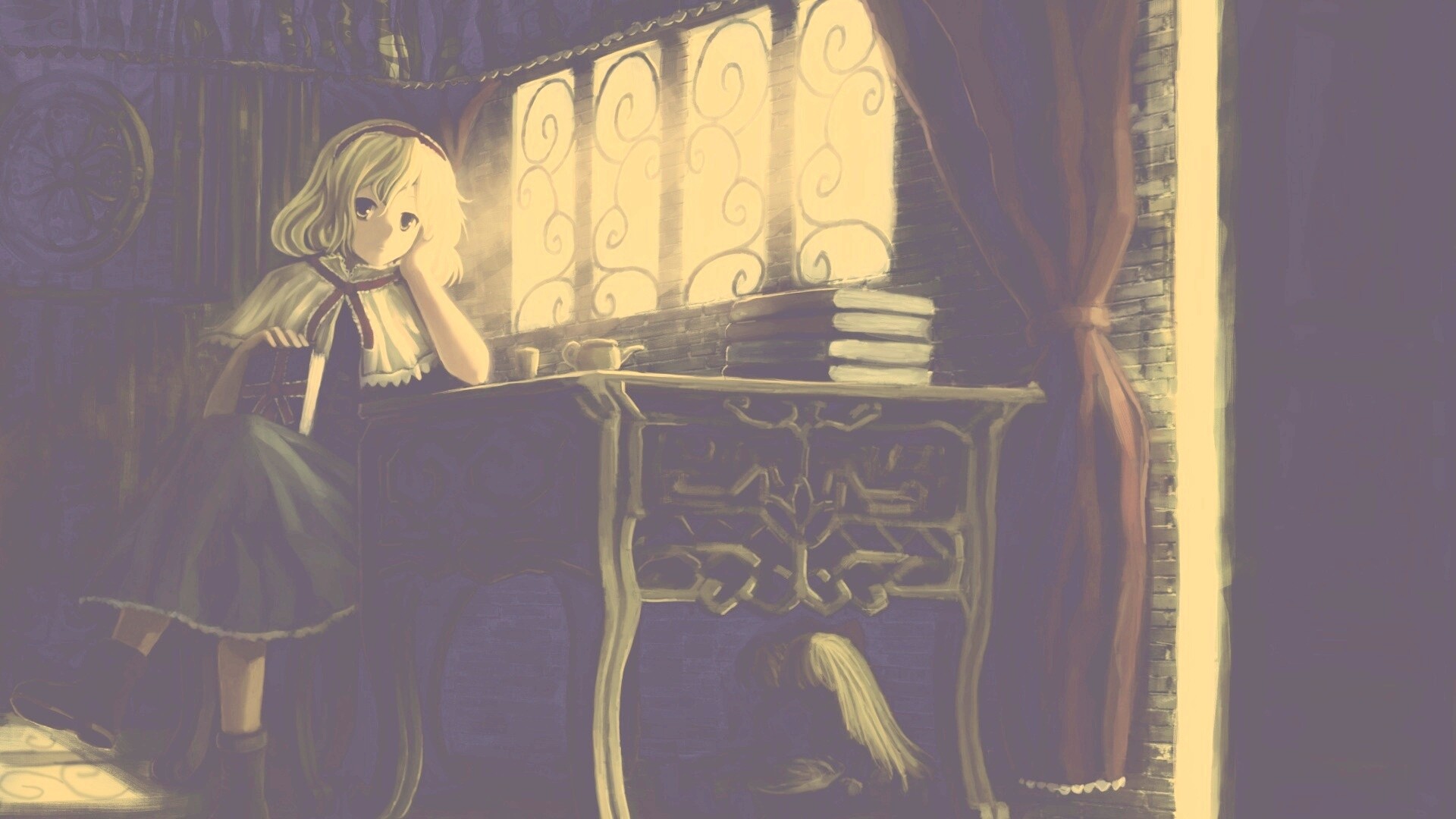 Девочка за столом с книгами обои