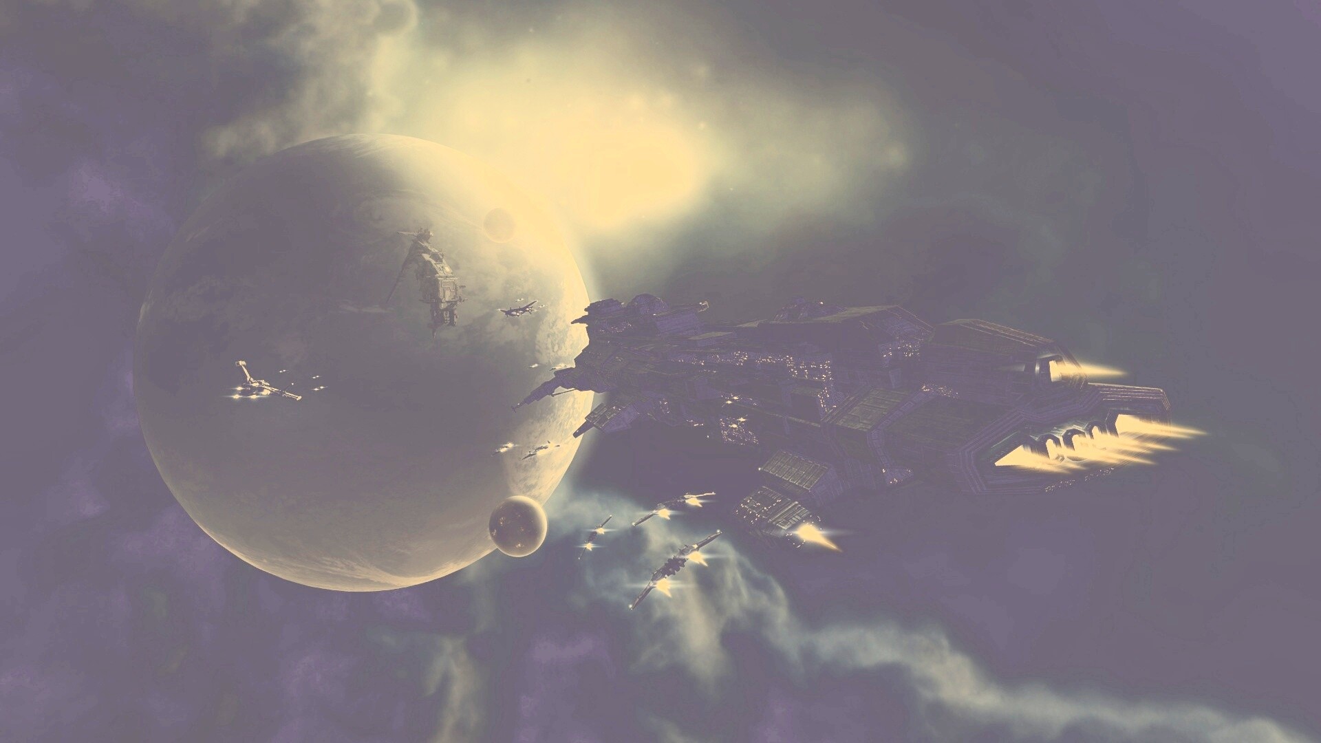 Космический флот атакует планету обои