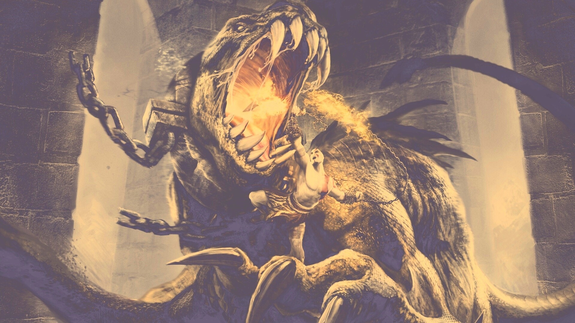 Кратос против динозавра обои