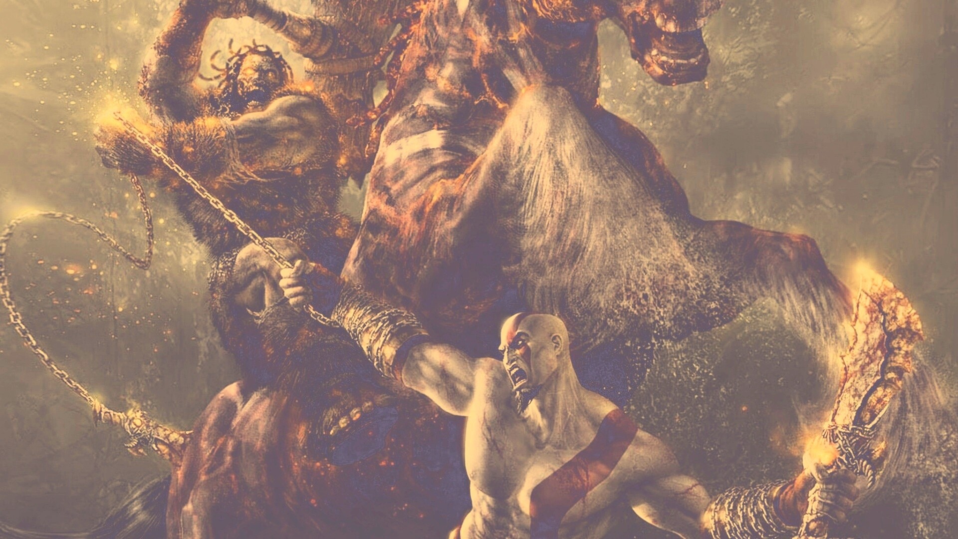 Кратос против огненного всадника обои