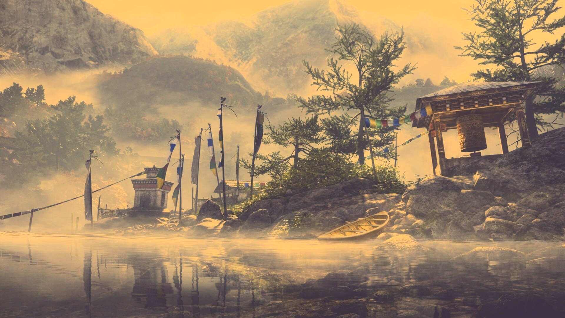 Каменистый берег в тумане обои