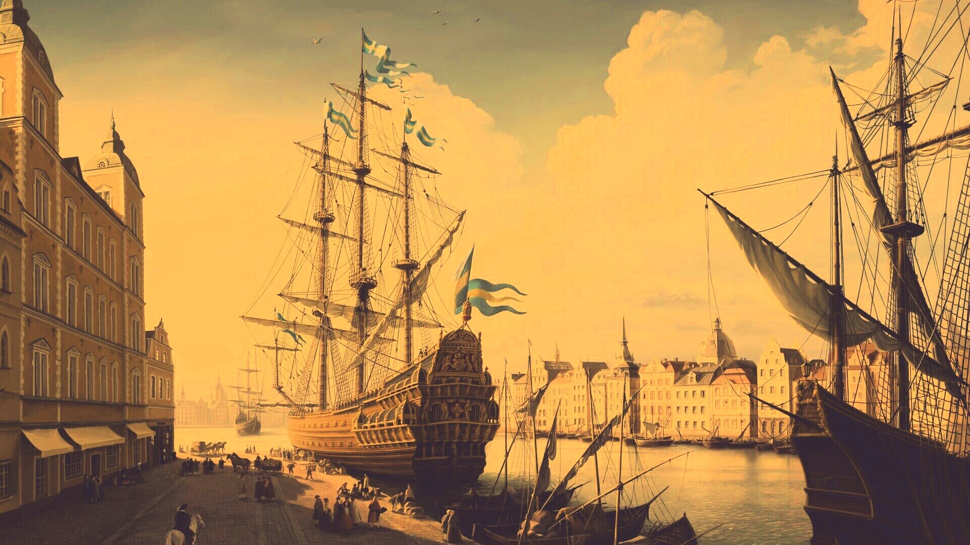 Парусник на набережной обои