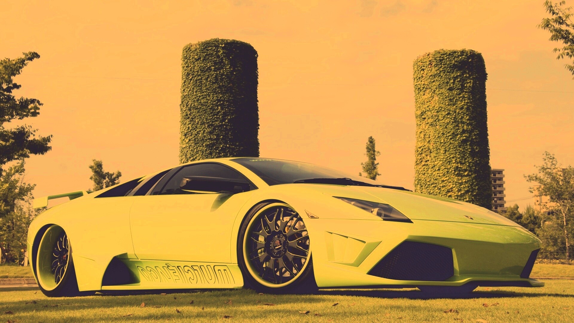 Зелёный Ламборджини на траве обои