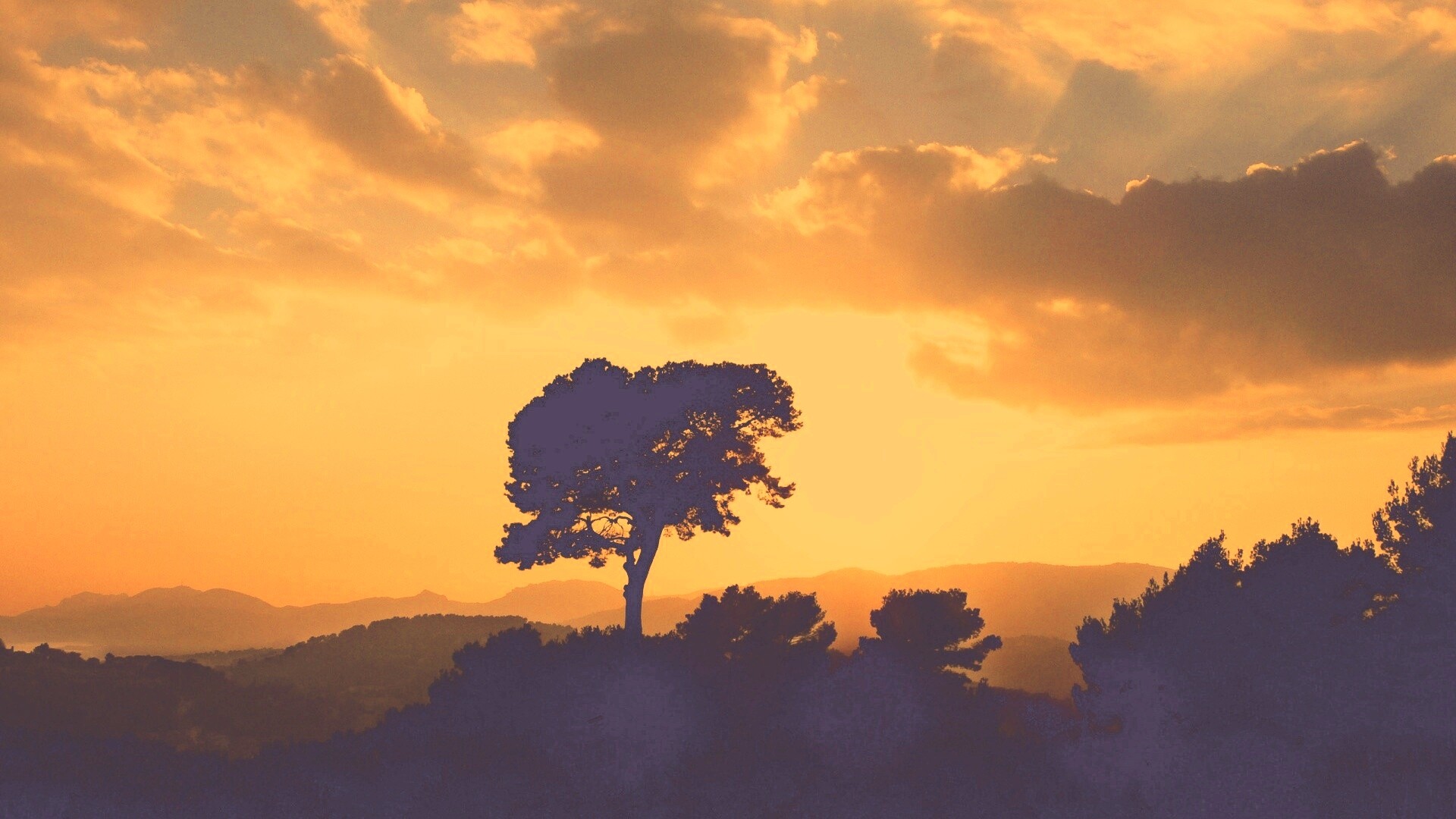 Закат над холмами обои