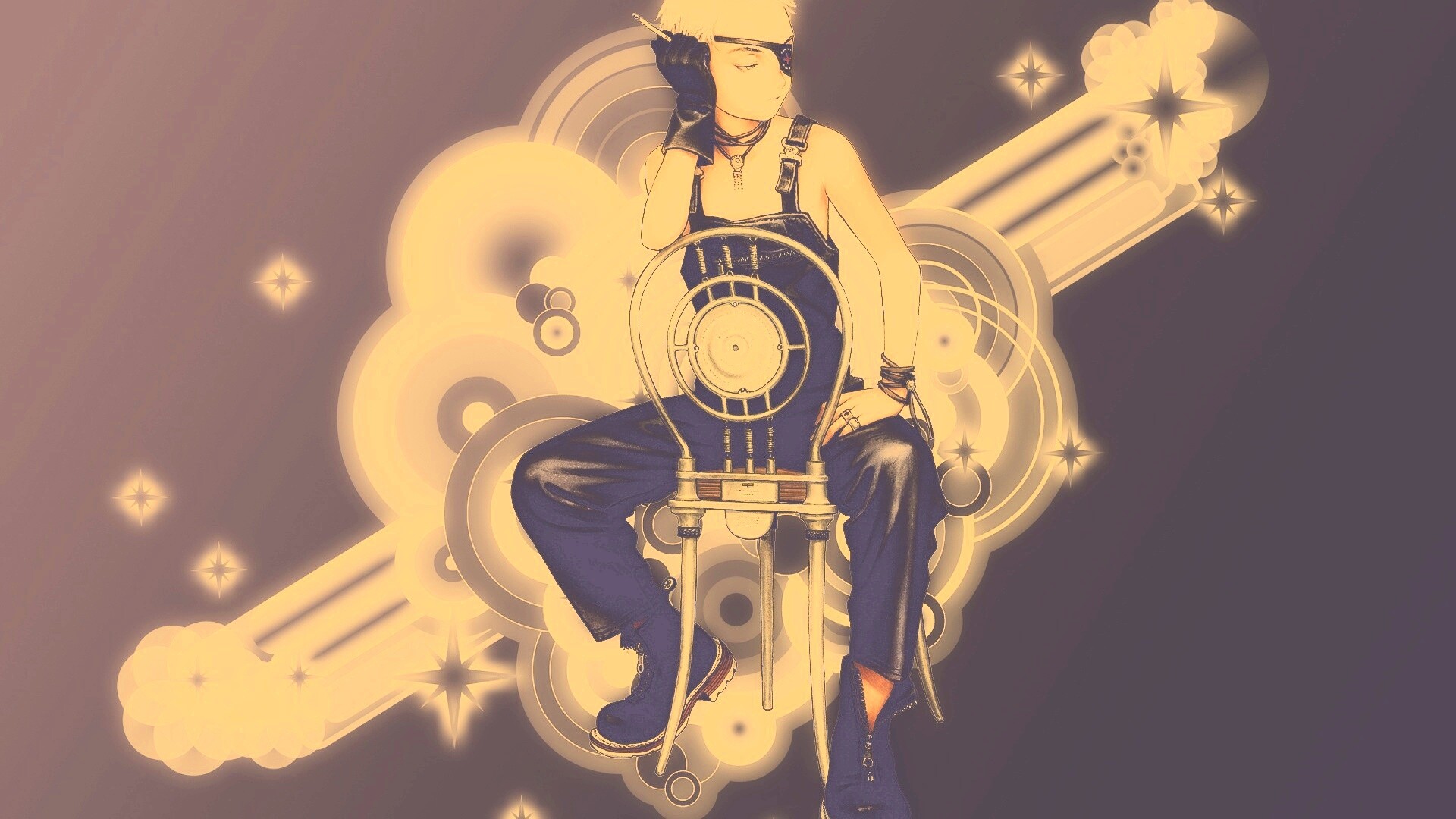 Одноглазый парень на стуле обои