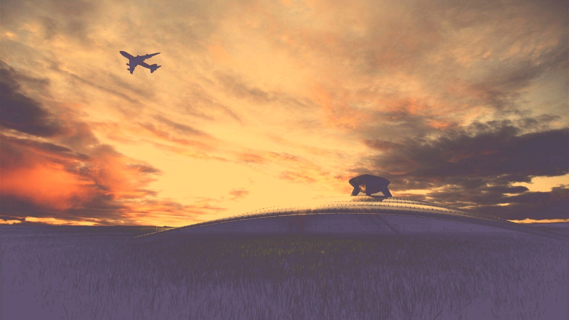 Самолет в закатном небе обои
