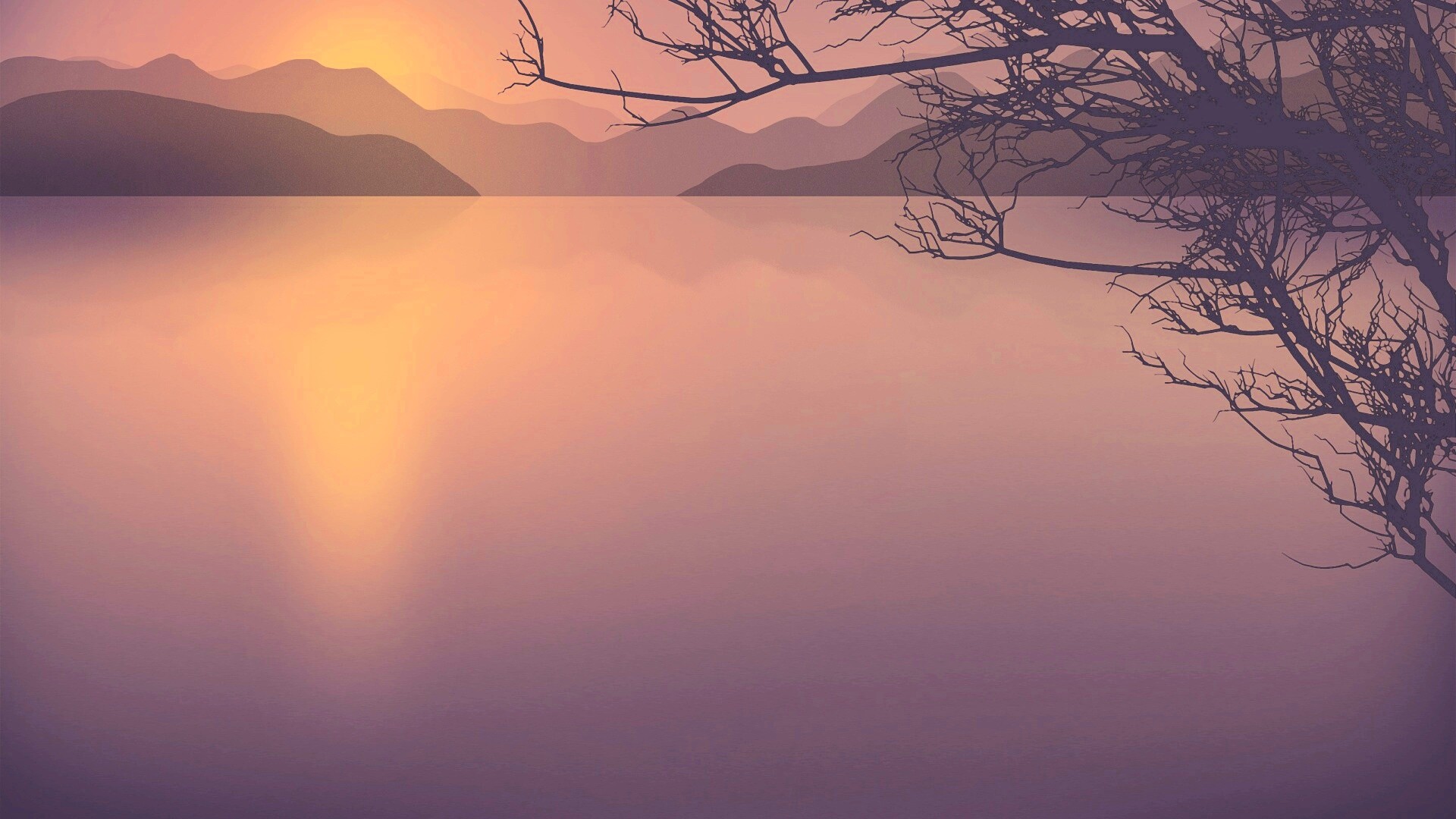 Ветка над вечерним озером обои