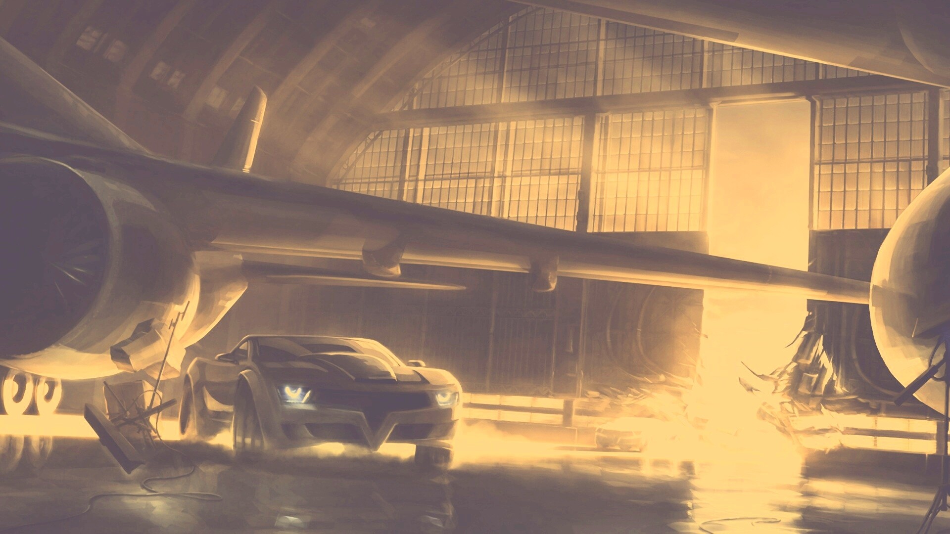 Машины въезжают в ангар обои