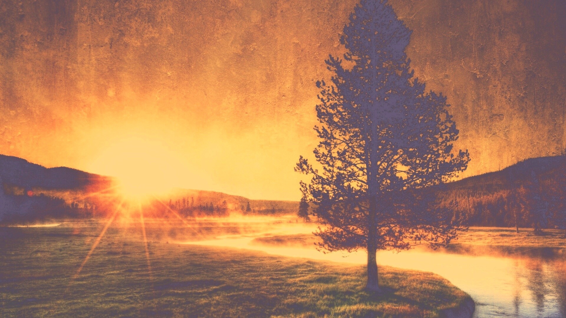 Закат за речкой обои