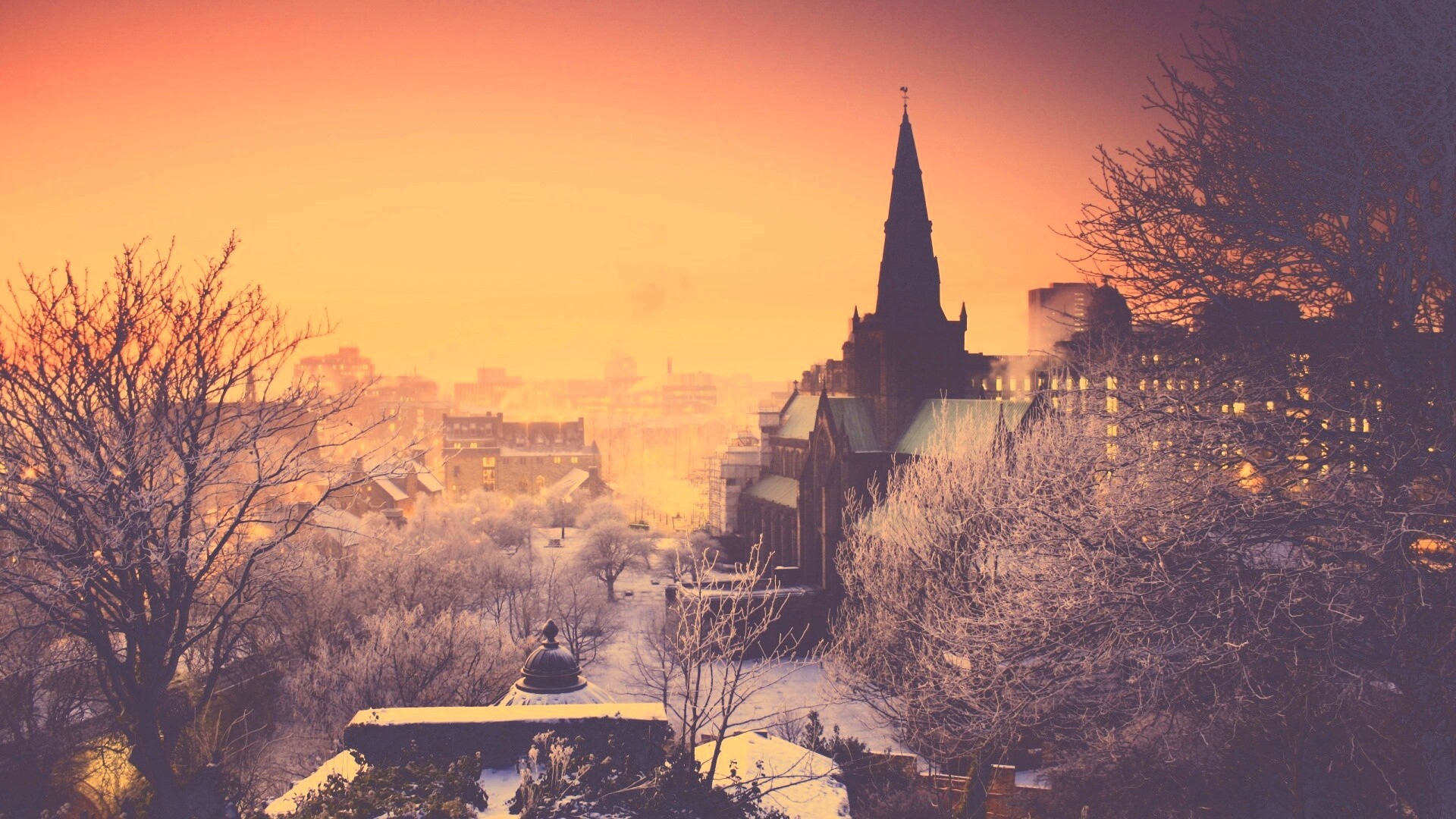 Закатный город зимой обои