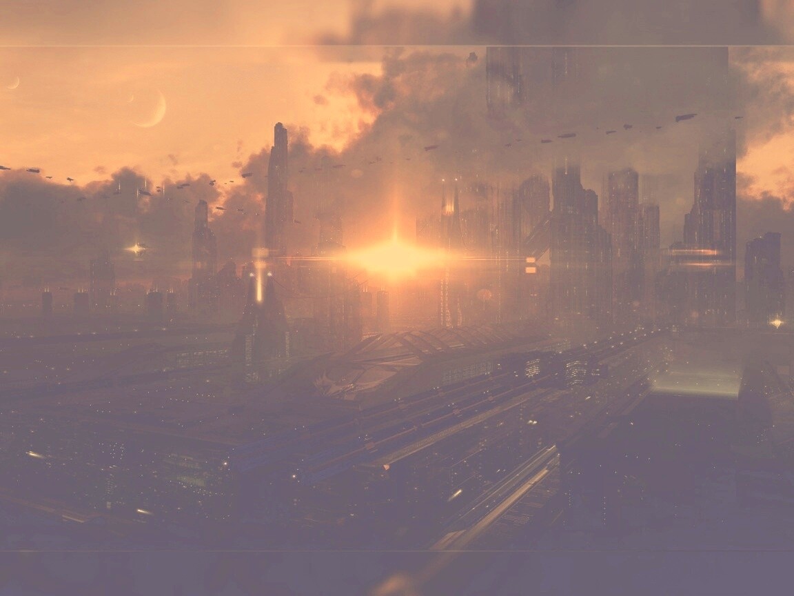 Закат в инопланетном городе обои