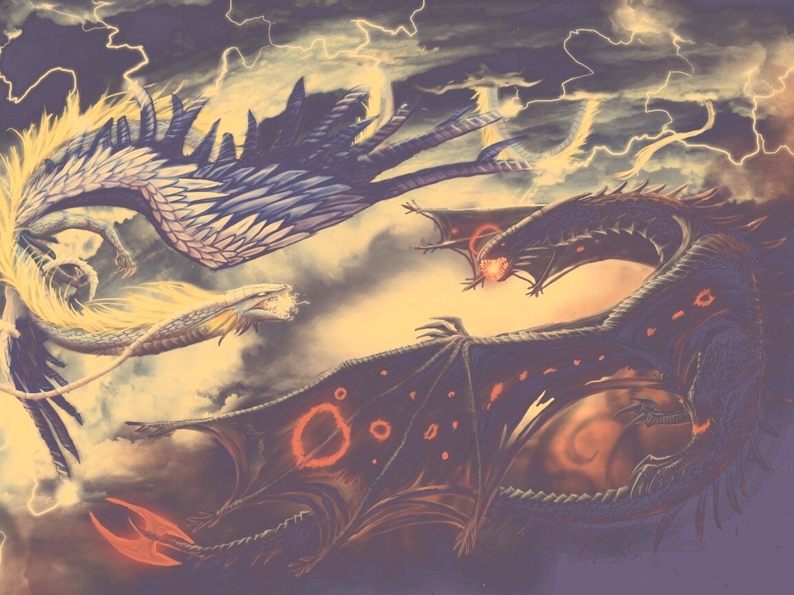 Живописная битва молнии и огня обои