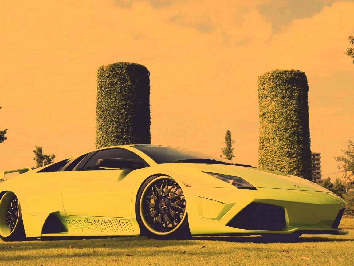 Зелёный Ламборджини на траве обои