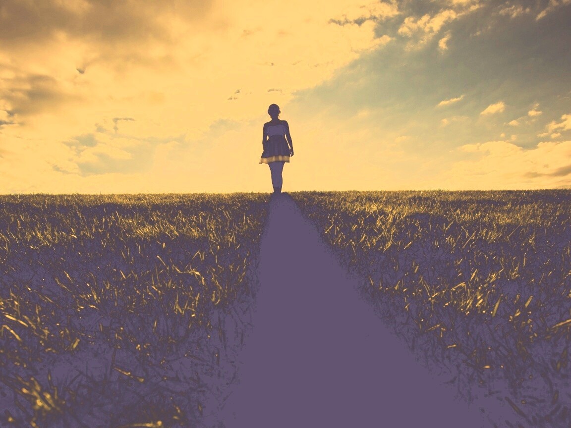 Силуэт девочки на поле обои