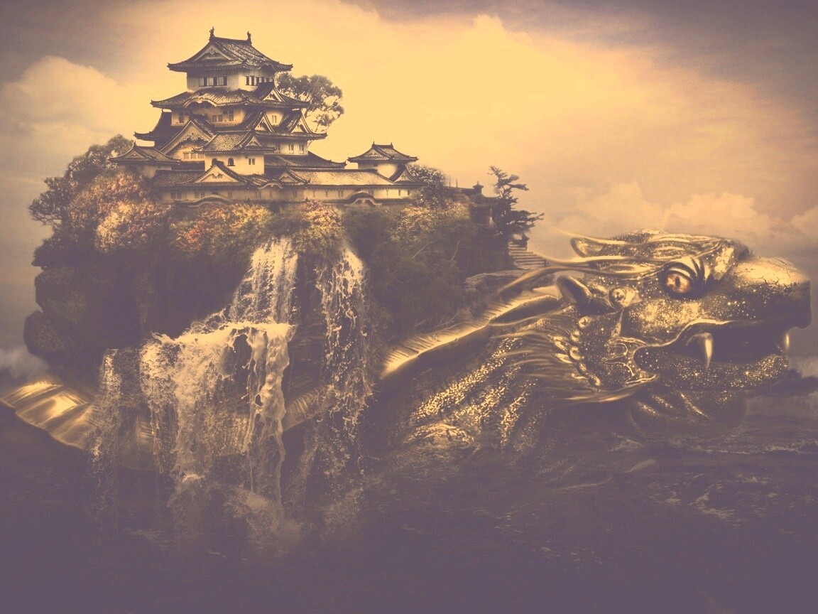 Золотая черепаха и китайская пагода в океане обои