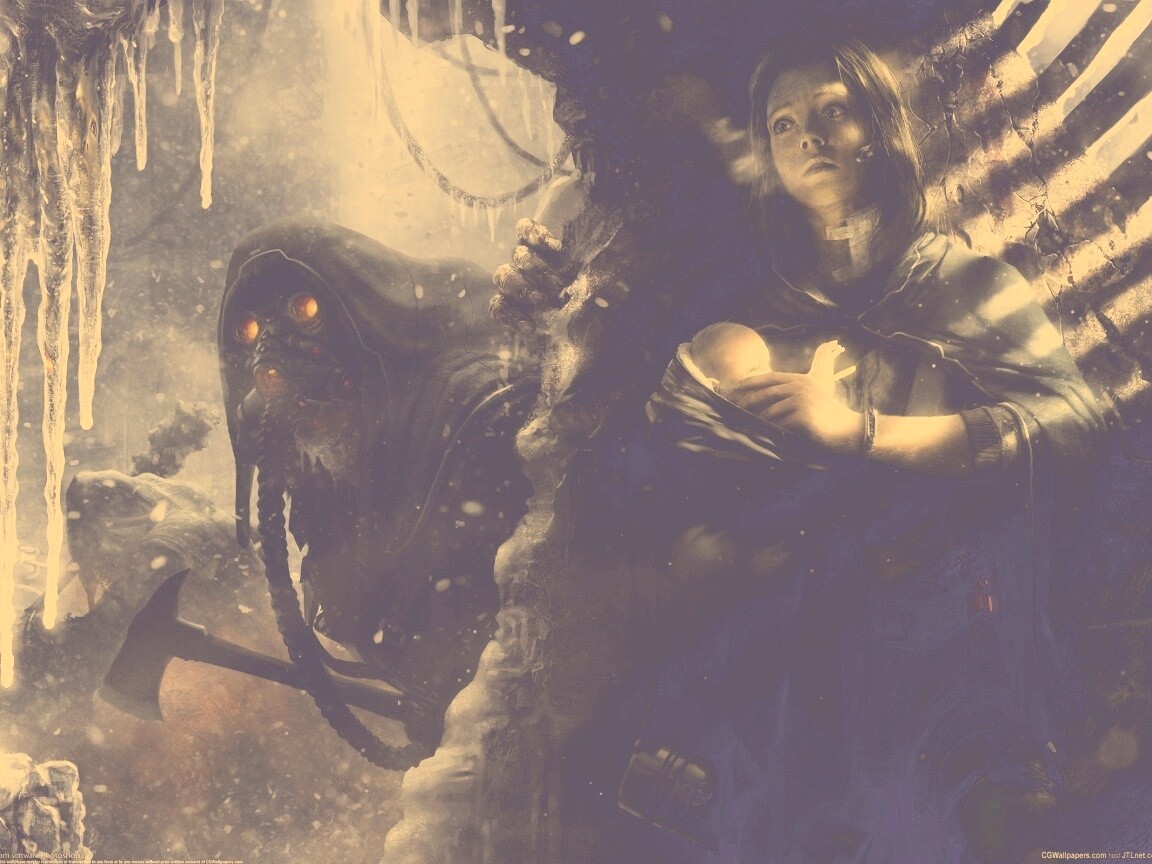 Девушка с ребенком прячется от монстра обои