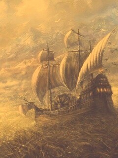 Корабль в море травы обои