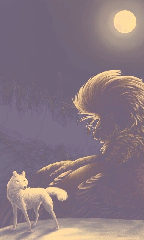 Волк и лев при луне обои