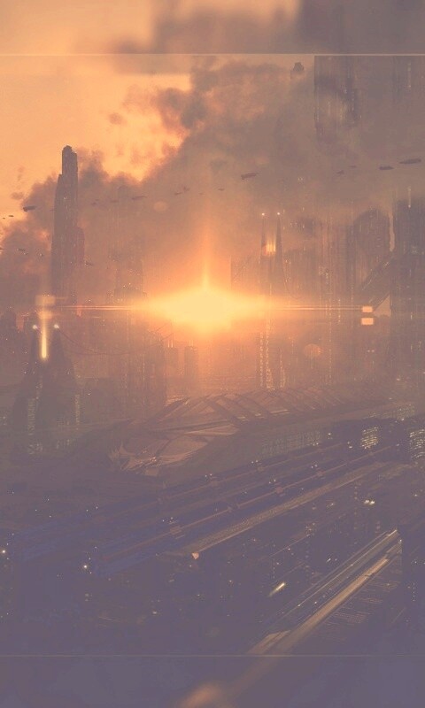 Закат в инопланетном городе обои