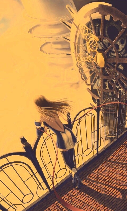 Девушка в городе над облаками обои