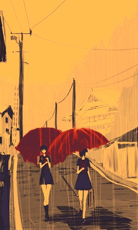 Девушки с красными зонтами обои