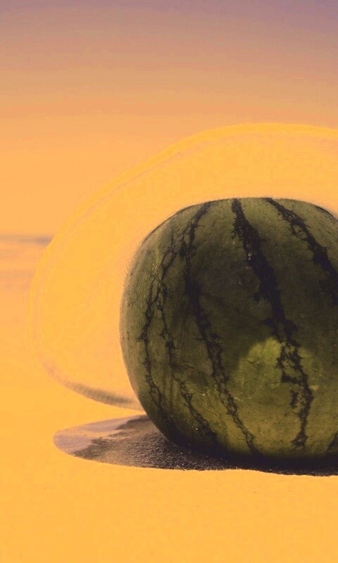 Арбуз в летней шляпке на пляже обои