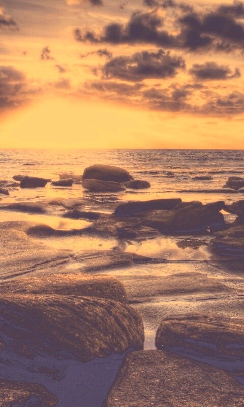 Каменистый берег на закате обои