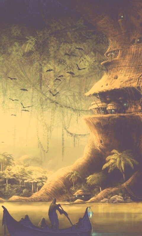 Город в стволе дерева обои