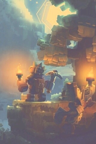 Парень с киркой и факелом смотрит в даль обои