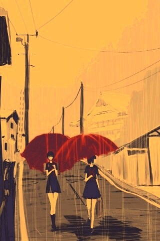 Девушки с красными зонтами обои