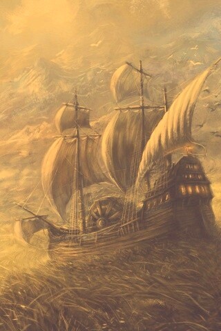 Корабль в море травы обои