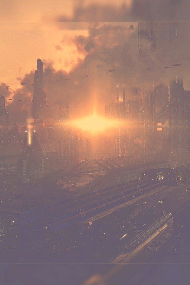 Закат в инопланетном городе обои