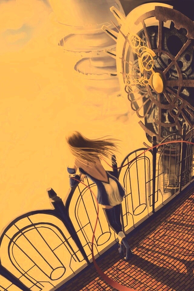 Девушка в городе над облаками обои