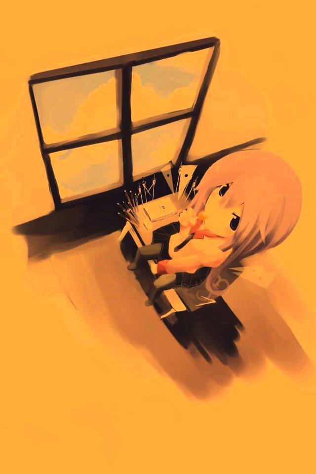 Школница с конфетой у окна обои