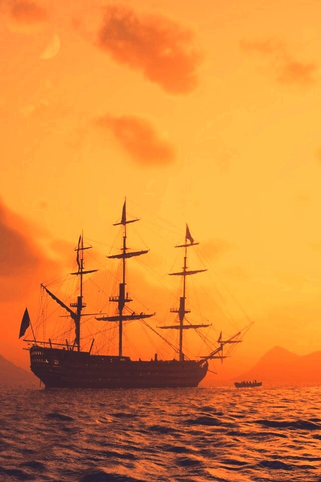 Трехпалубный парусный корабль на закате обои