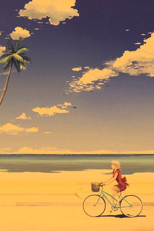 Девушка едет на велосипеде вдоль берега обои