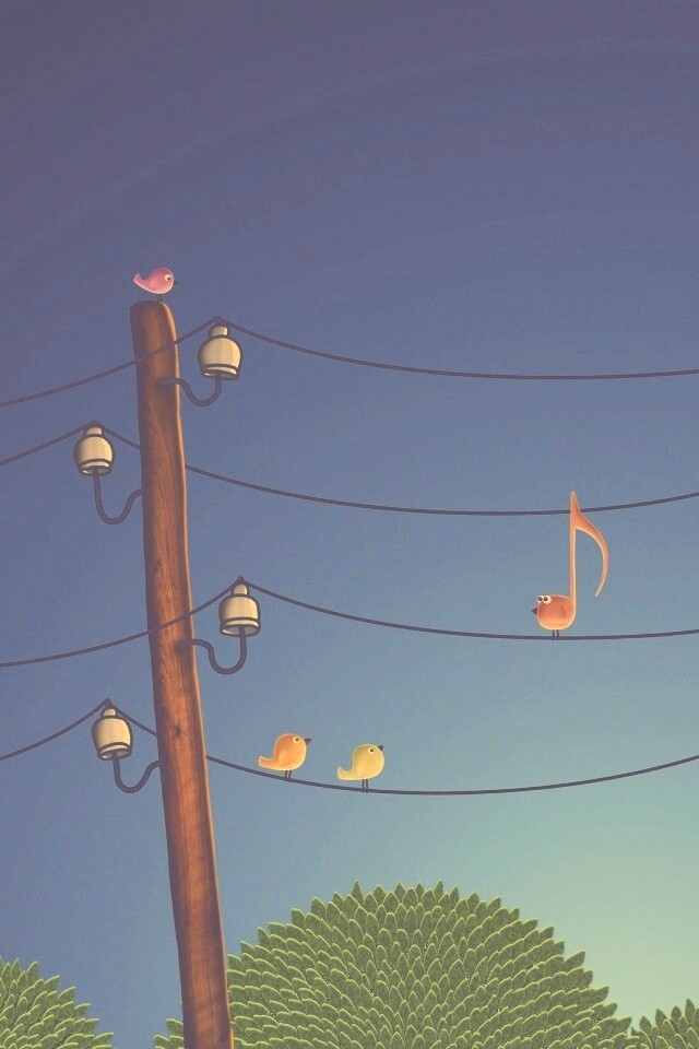 Нотка и птички на проводах обои