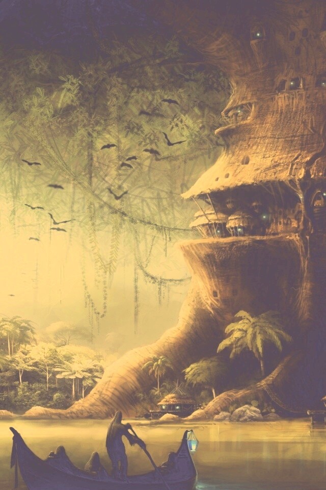 Город в стволе дерева обои