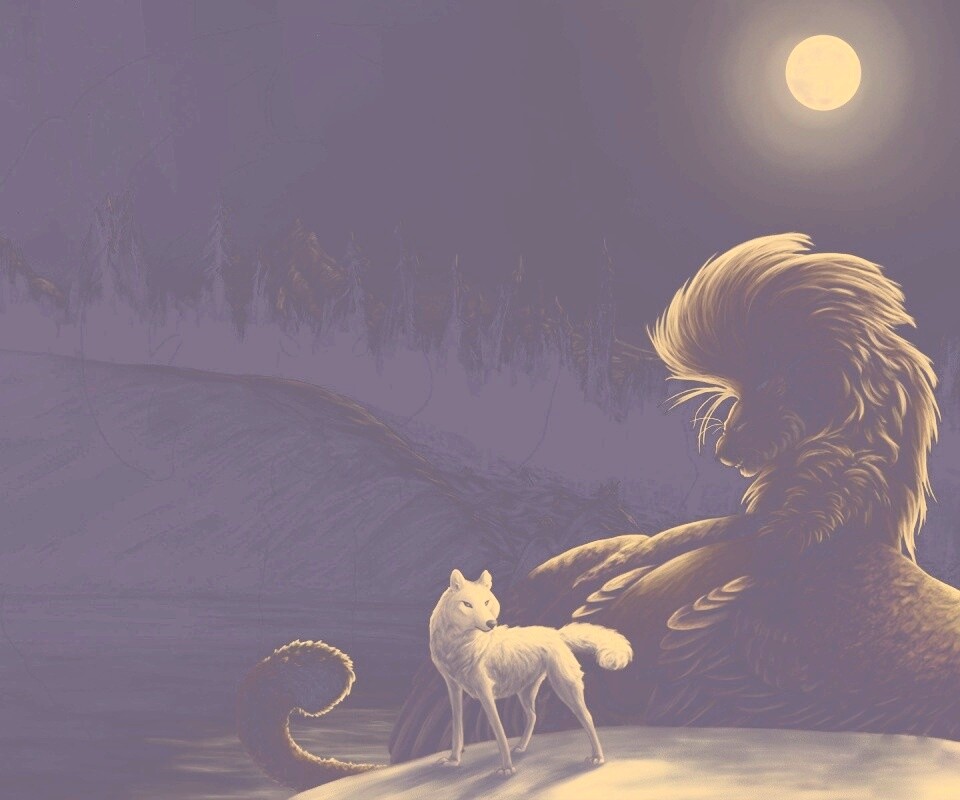 Волк и лев при луне обои